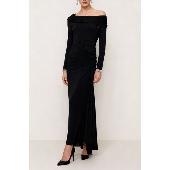 Mac Duggal One Shoulder Bewjewled Cuff Sleeve Gown Black Sz 4 Formal - Picture 1 of 9